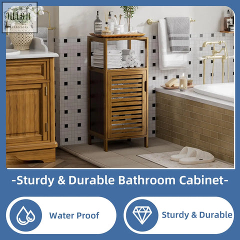 Hitnet sturdy bamboo bathroom cabinet with slatted door and two shelves for towel and toiletries storage in walnut