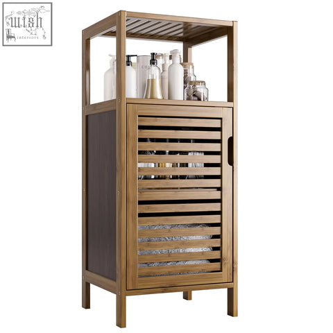 Hitnet bamboo bathroom cabinet floor cabinet with slatted door and open top shelf in walnut finish for storage