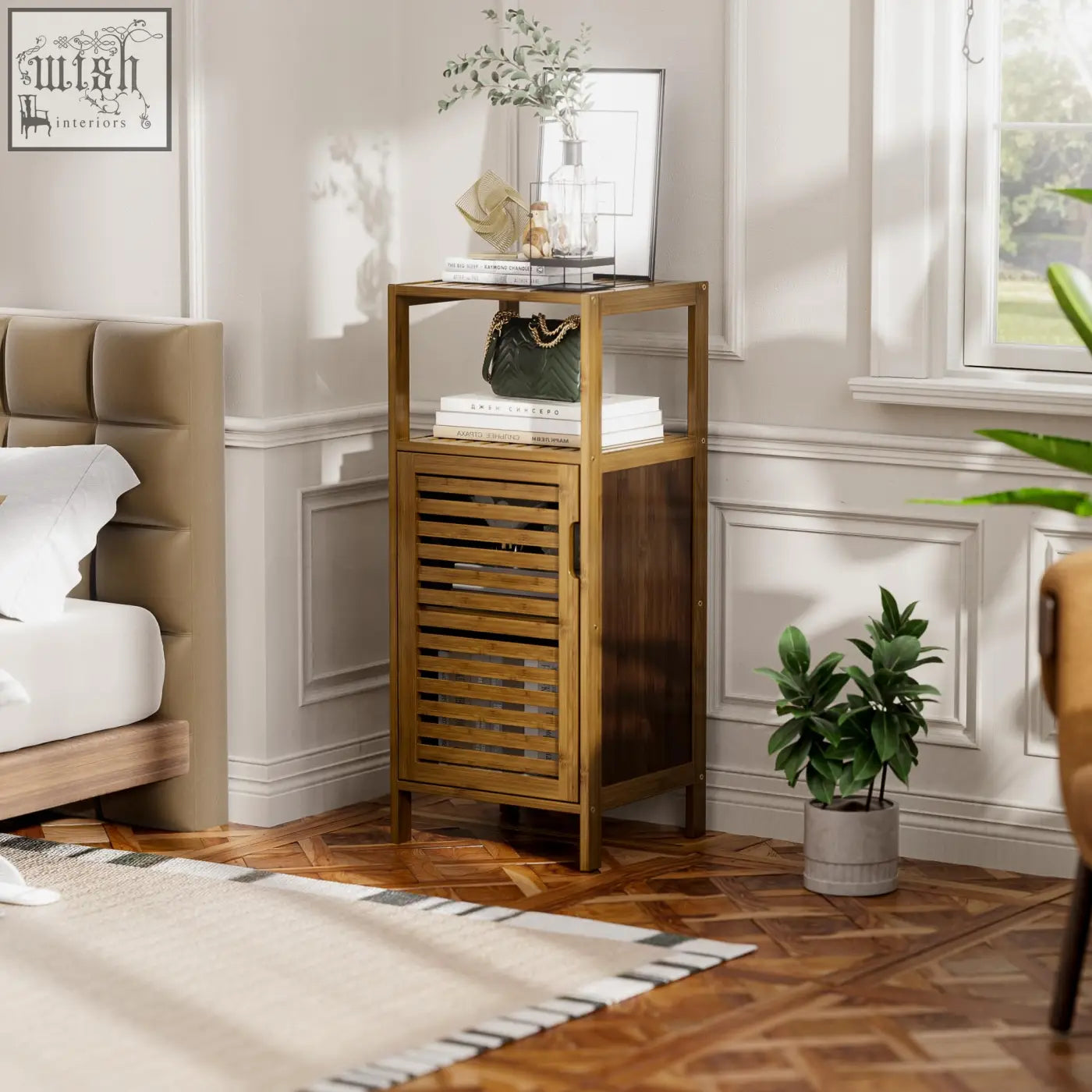 A sleek medium-toned bamboo floor cabinet with slatted door and open shelf ideal as a bathroom cabinet or storage cabinet