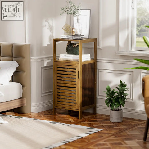 A sleek medium-toned bamboo floor cabinet with slatted door and open shelf ideal as a bathroom cabinet or storage cabinet