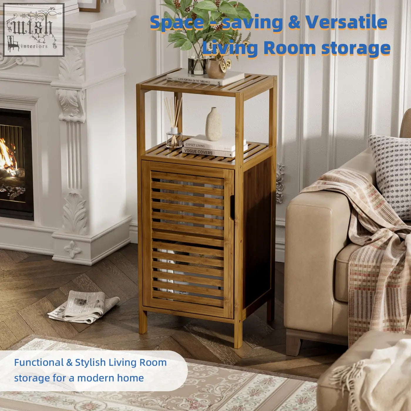 Light brown bamboo floor cabinet with slatted door and open shelf for bathroom cabinet or living room storage cabinet