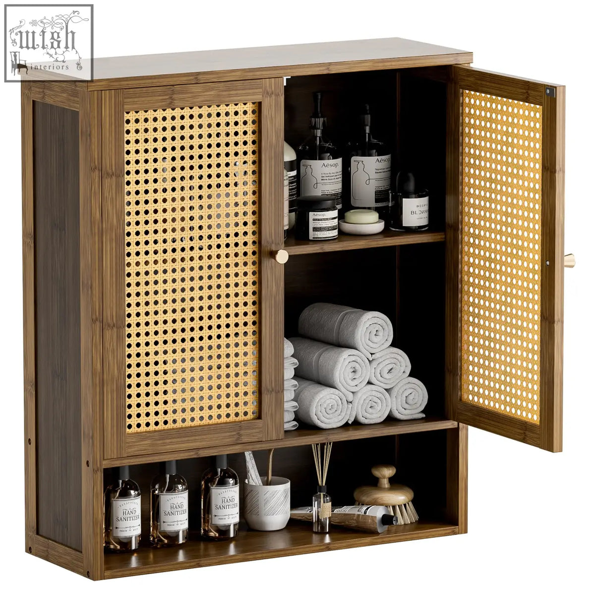 Hitnet bathroom cabinet wall mount with bamboo frame and cane woven lattice doors in walnut for bathroom storage