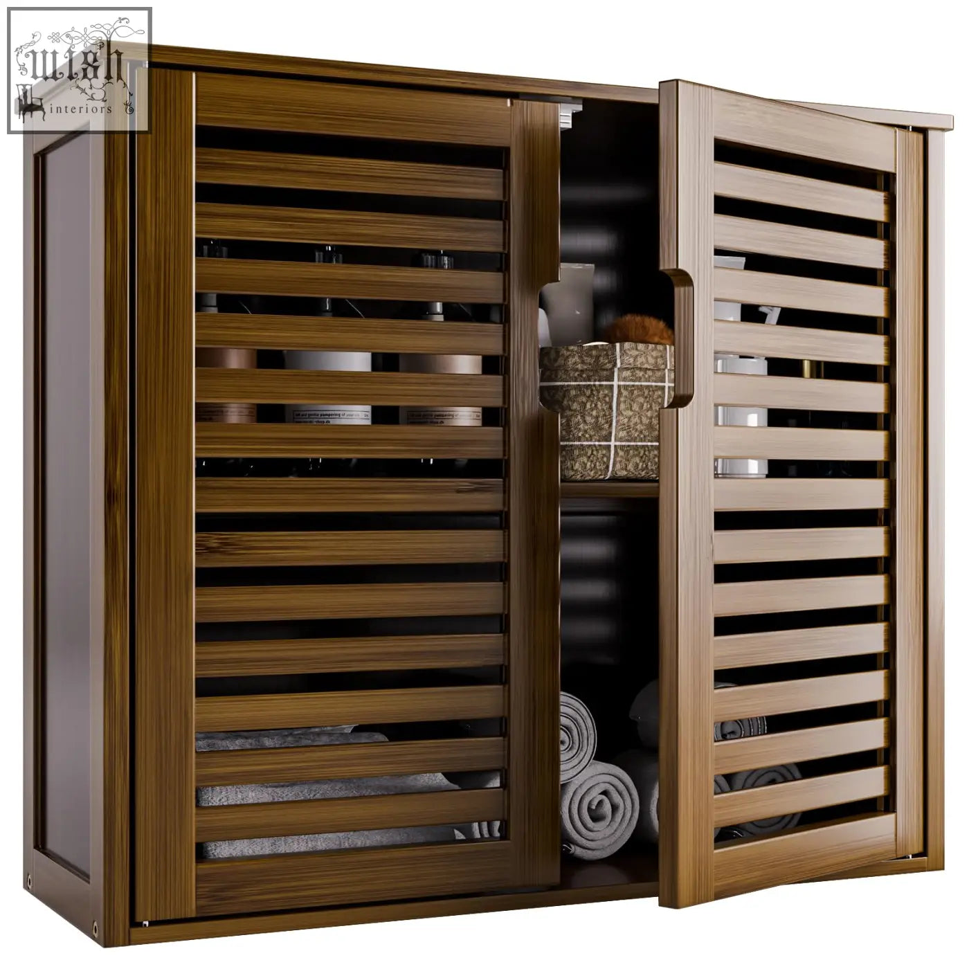 Brown wooden wall mounted medicine cabinet with open doors showing towels and toiletries inside bathroom cabinet