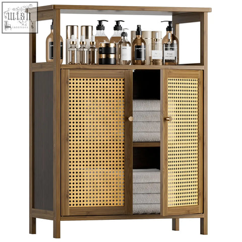 Wooden hitnet rattan bathroom floor cabinet with woven cane doors dark brown frame and open shelving for toiletries