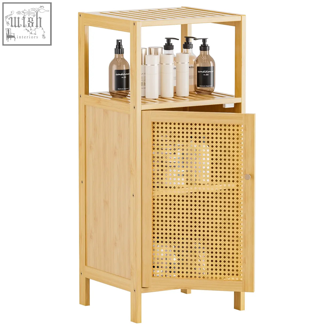 Light-colored bamboo bathroom storage cabinet with woven cane door and open shelving for bathroom storage