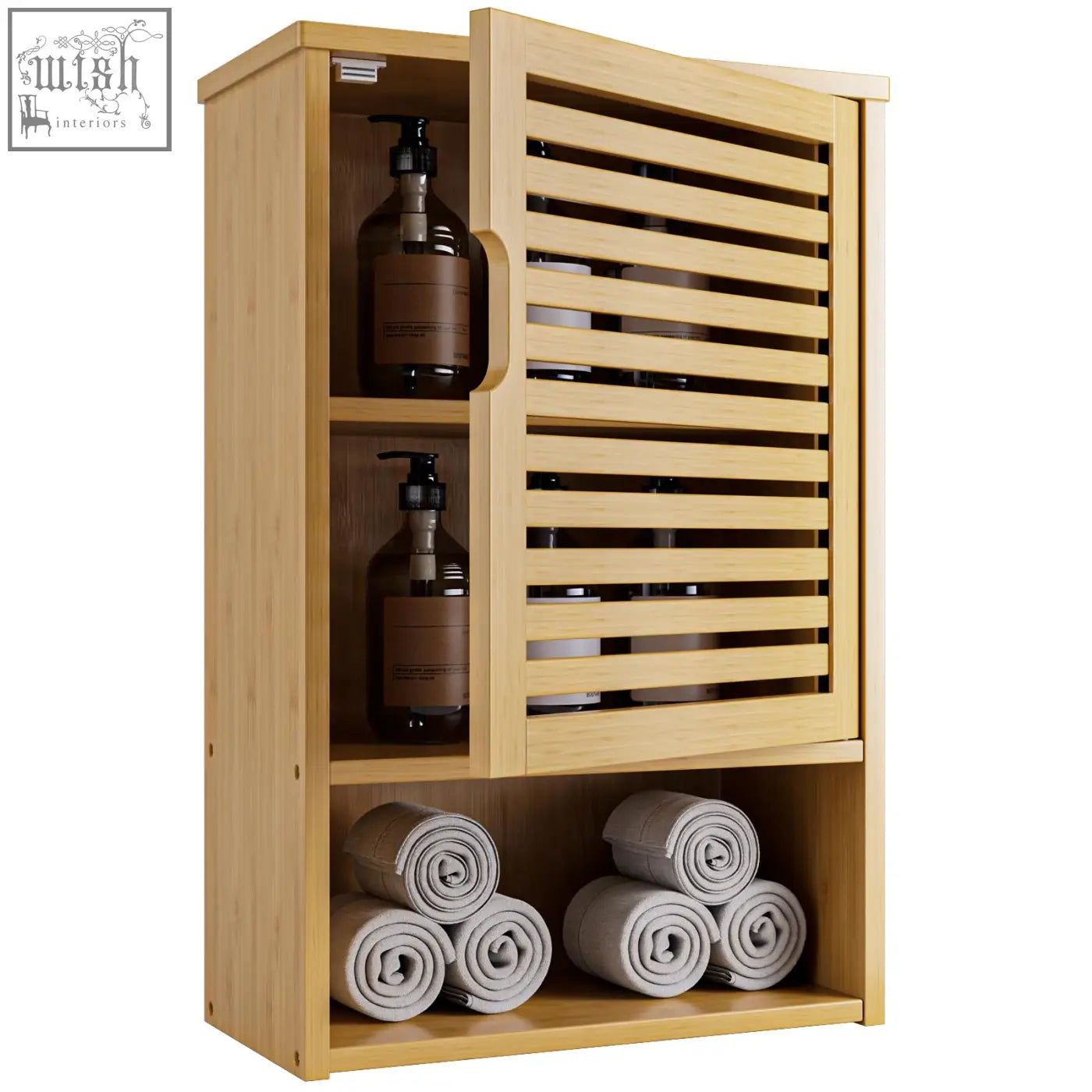 Light-colored bamboo hitnet wall cabinet with slatted door and shelves holding toiletries in a wall mounted design