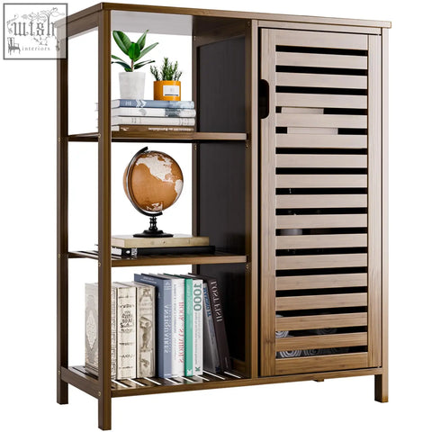Brown bamboo hitnet walnut bathroom cabinet with slatted door and 3 open shelves for living room or kitchen storage