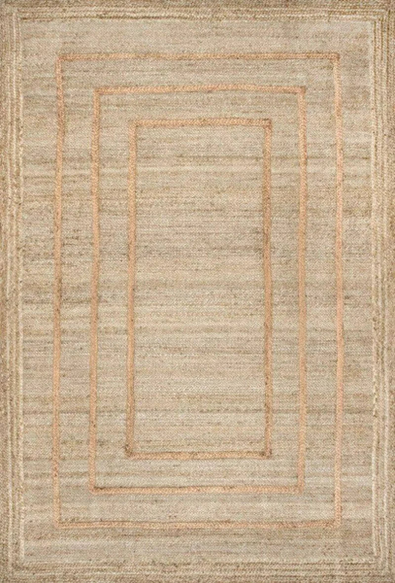 Beige hiyo rug with concentric softly textured geometric borders in warm tan perfect for cozy living spaces