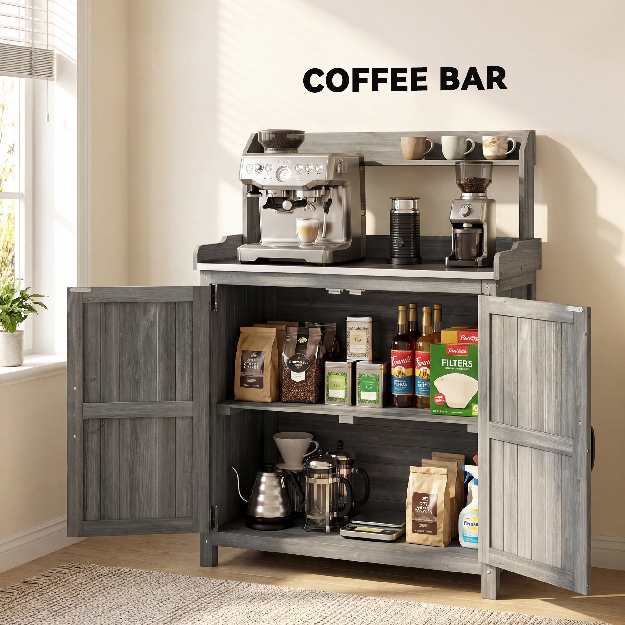 Outsunny Wooden Potting Bench Table with Aluminium Worktop, Outdoor Garden Workbench with Top Shelf and Cabinet Storage
