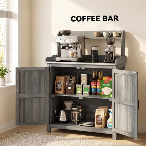 Outsunny Wooden Potting Bench Table with Aluminium Worktop, Outdoor Garden Workbench with Top Shelf and Cabinet Storage