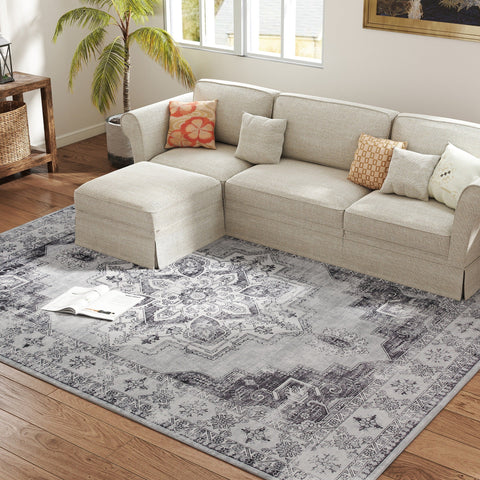 HOMCOM Vintage Area Rug, Non-Slip Washable Rug, Flannel Floor Carpet for Living Room, Bedroom, Dining Room, Home Office, 290 x 200 cm, Grey