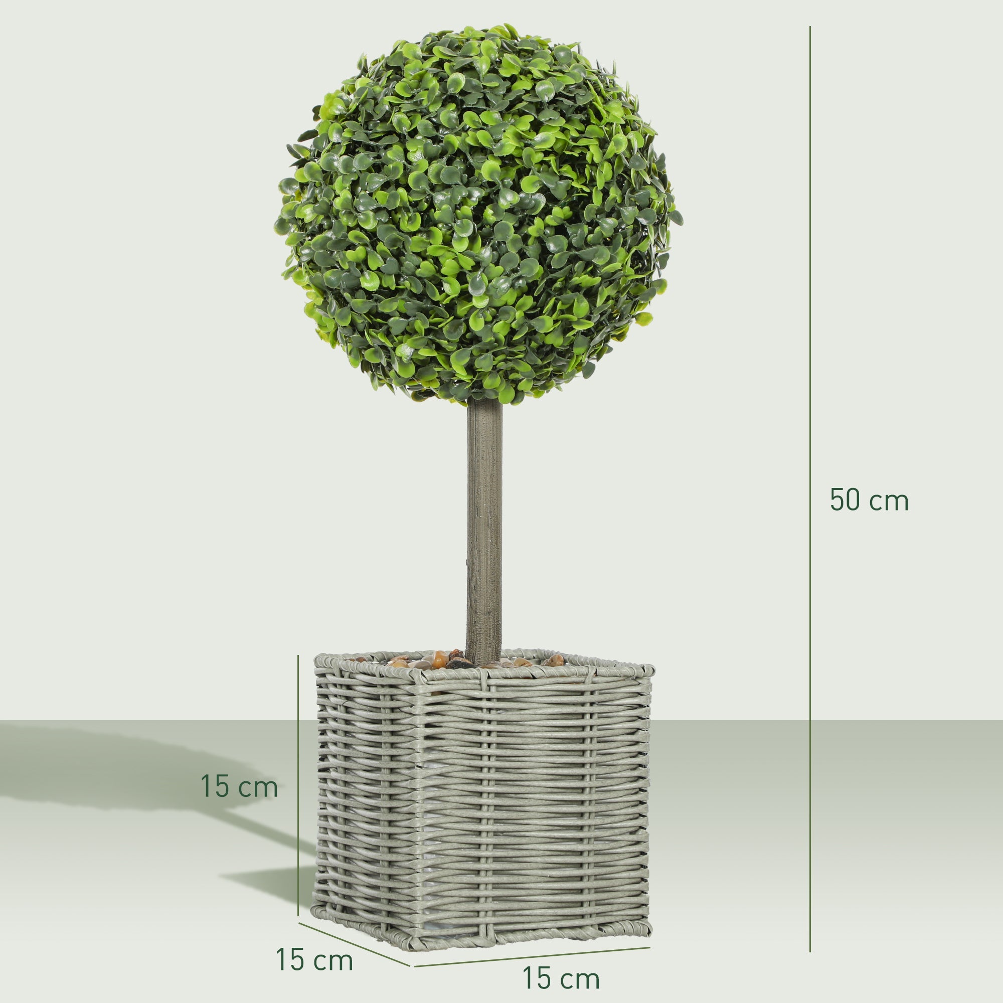 HOMCOM Set of 2 Decorative Artificial Plants, 50cm Faux Boxwood Topiary Balls with Woven Plastic Pot and Pebbles, Fake Plants for Home or Office Decor, Green