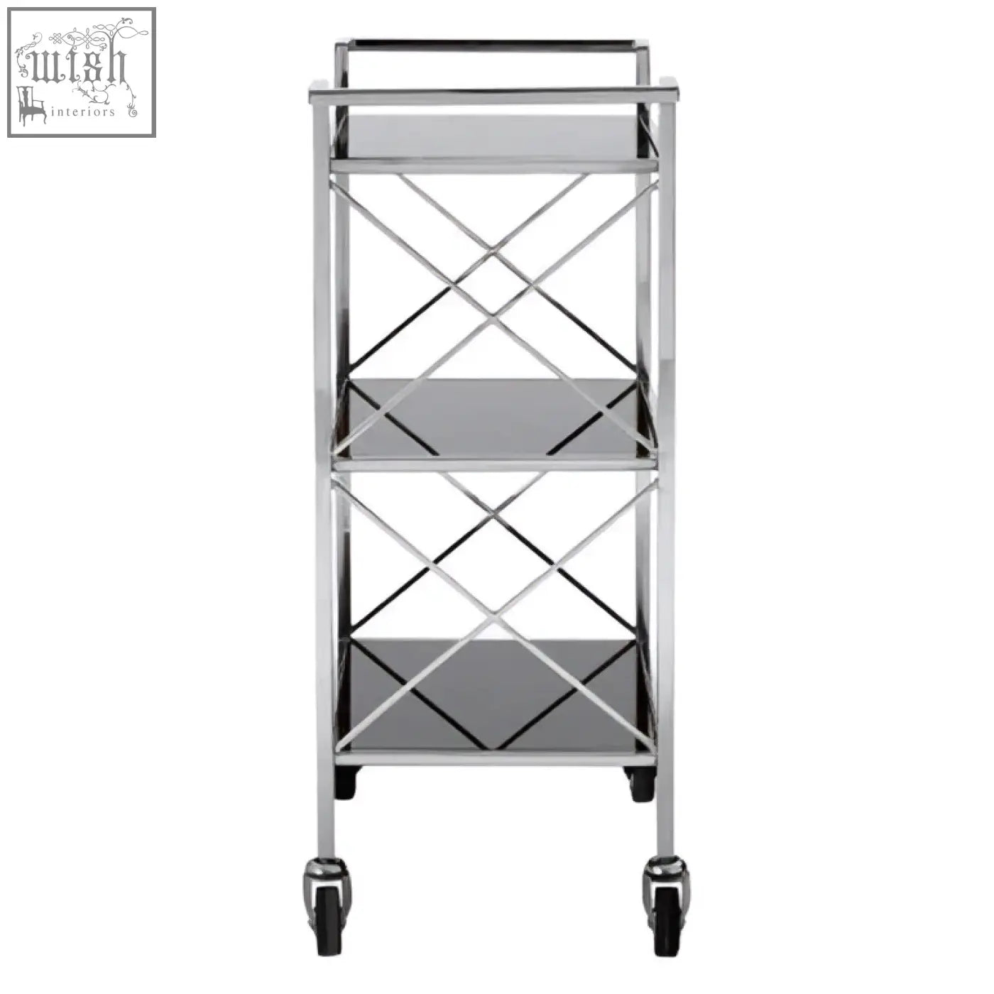 Chrome-finished metal cart with three black mirrored glass shelves and black caster wheels for easy moving