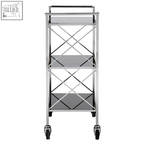 Chrome-finished metal cart with three black mirrored glass shelves and black caster wheels for easy moving