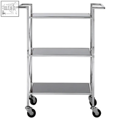 Chrome-finished metal utility cart with black mirrored glass 3 tier shelves and black caster wheels hoffmann trolley