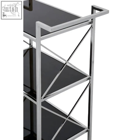 Chrome-finished hoffmann trolley with black mirrored glass shelves and diagonal cross-bracing for stylish storage