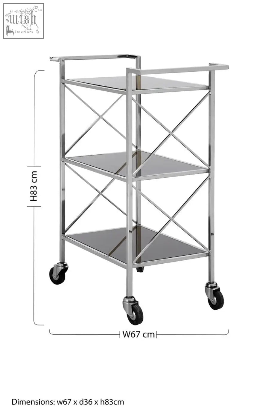 Chrome-finished metal utility cart with three black mirrored glass shelves and black caster wheels for easy mobility