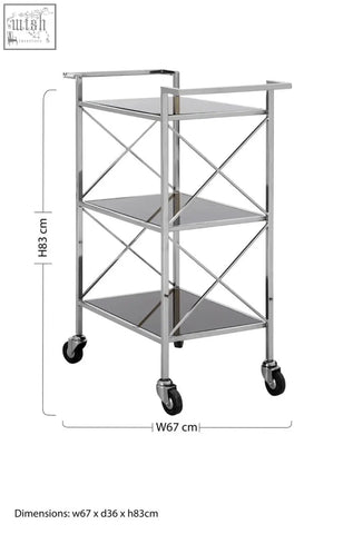 Chrome-finished metal utility cart with three black mirrored glass shelves and black caster wheels for easy mobility