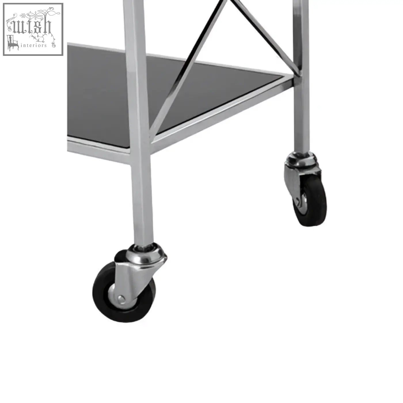 Stainless steel utility cart with black mirrored glass shelves and black rubber casters for easy moving
