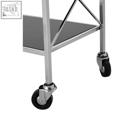Stainless steel utility cart with black mirrored glass shelves and black rubber casters for easy moving