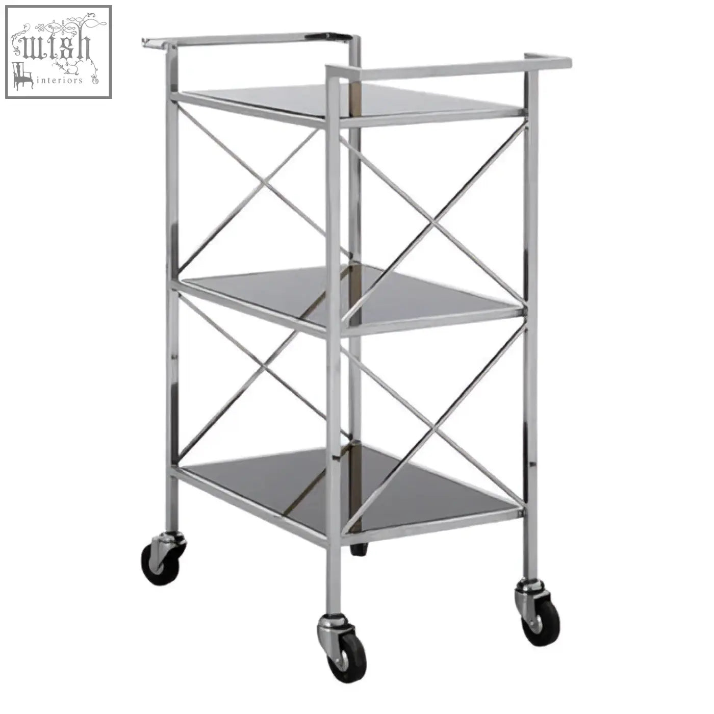 Silver stainless steel three tier utility cart with black caster wheels for hoffmann black mirrored glass trolley