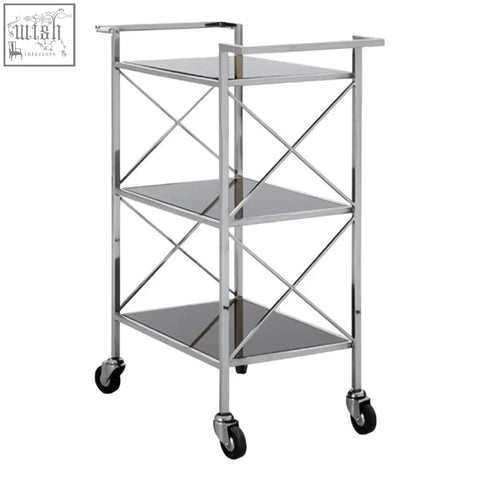 Silver stainless steel three tier utility cart with black caster wheels for hoffmann black mirrored glass trolley