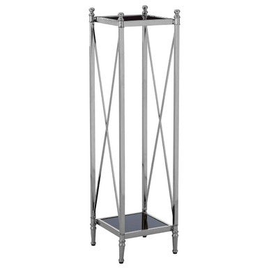 Hoffmann plant stand with chrome finish and black mirrored glass top and bottom shelves for stylish plant display