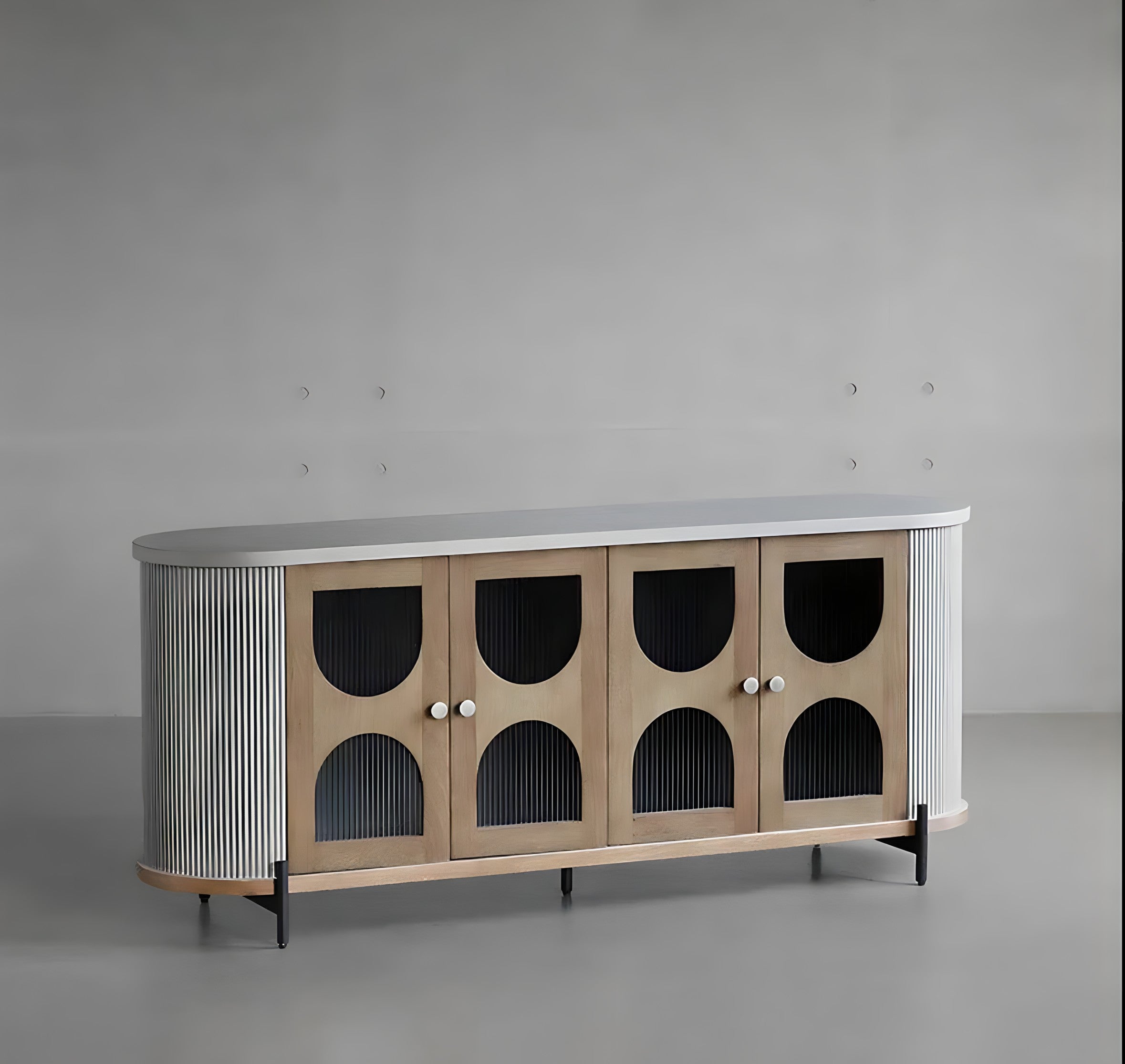 Hokona cabinet modern oval sideboard with light wood arched glass doors fluted white gray sides and black metal legs