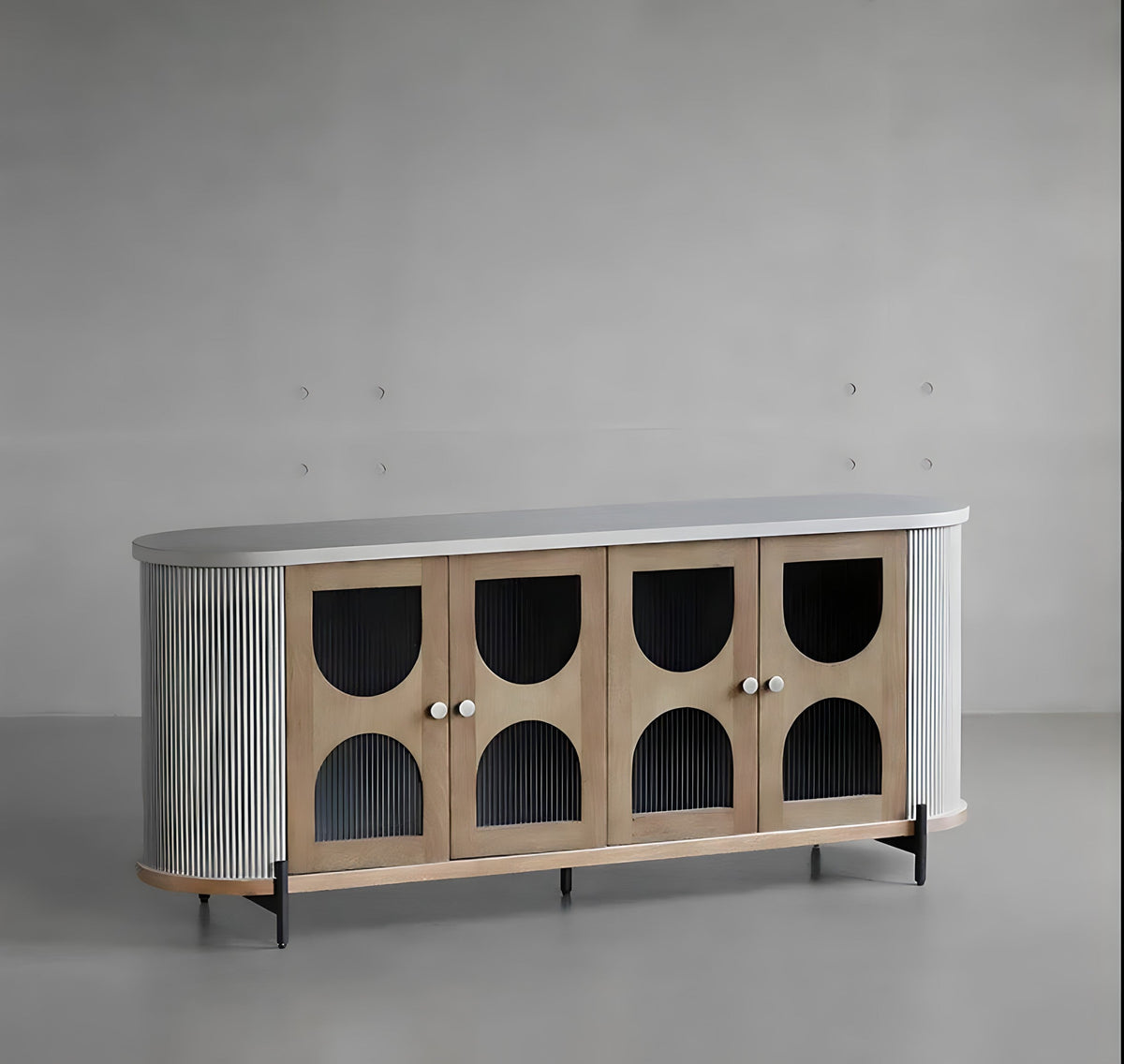 Hokona cabinet modern oval sideboard with light wood arched glass doors fluted white gray sides and black metal legs