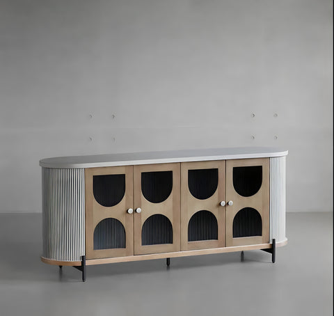Hokona cabinet modern oval sideboard with light wood arched glass doors fluted white gray sides and black metal legs