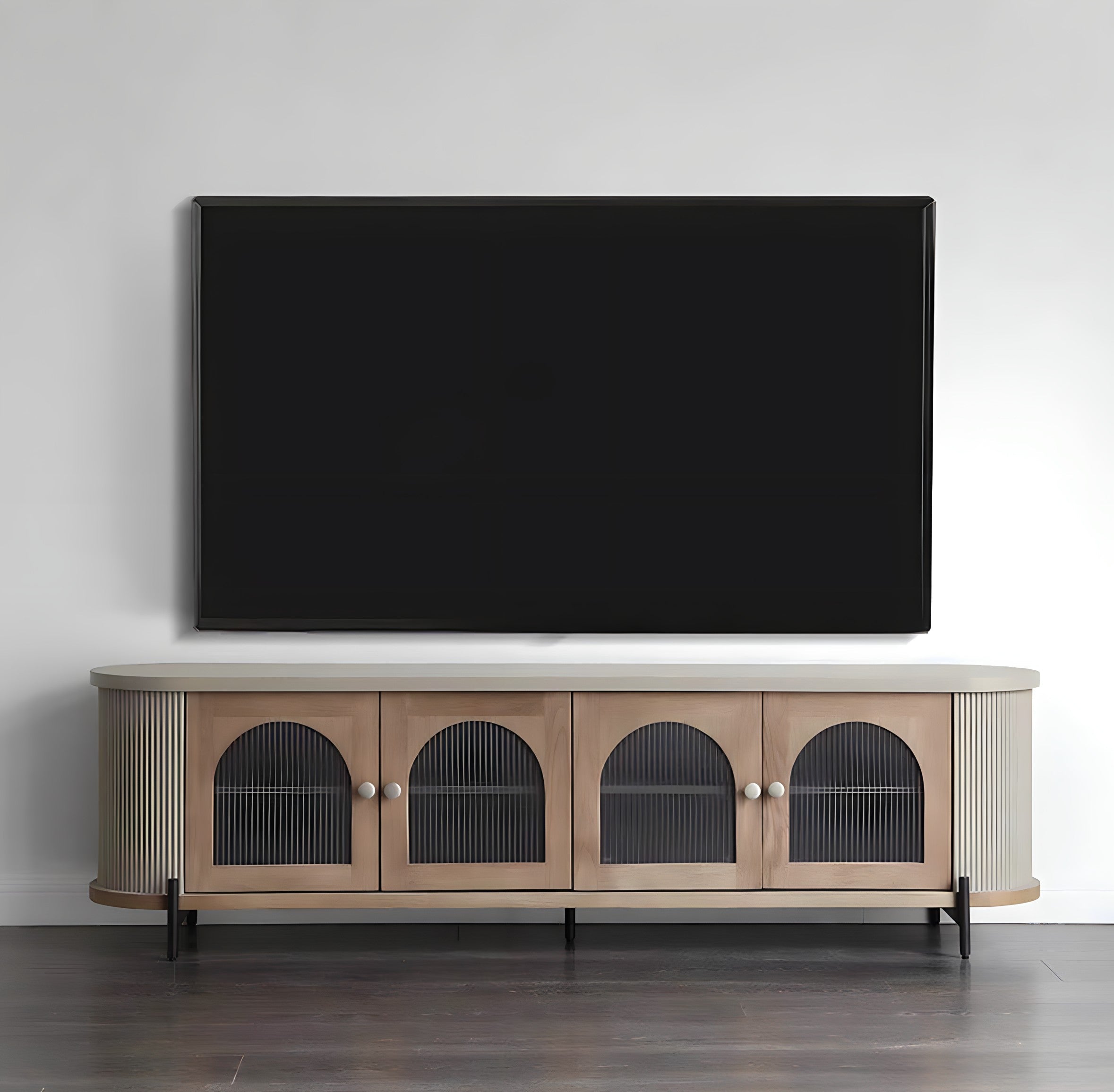 Modern wooden hokona cabinet media console with arched glass doors light oak finish and black metal legs