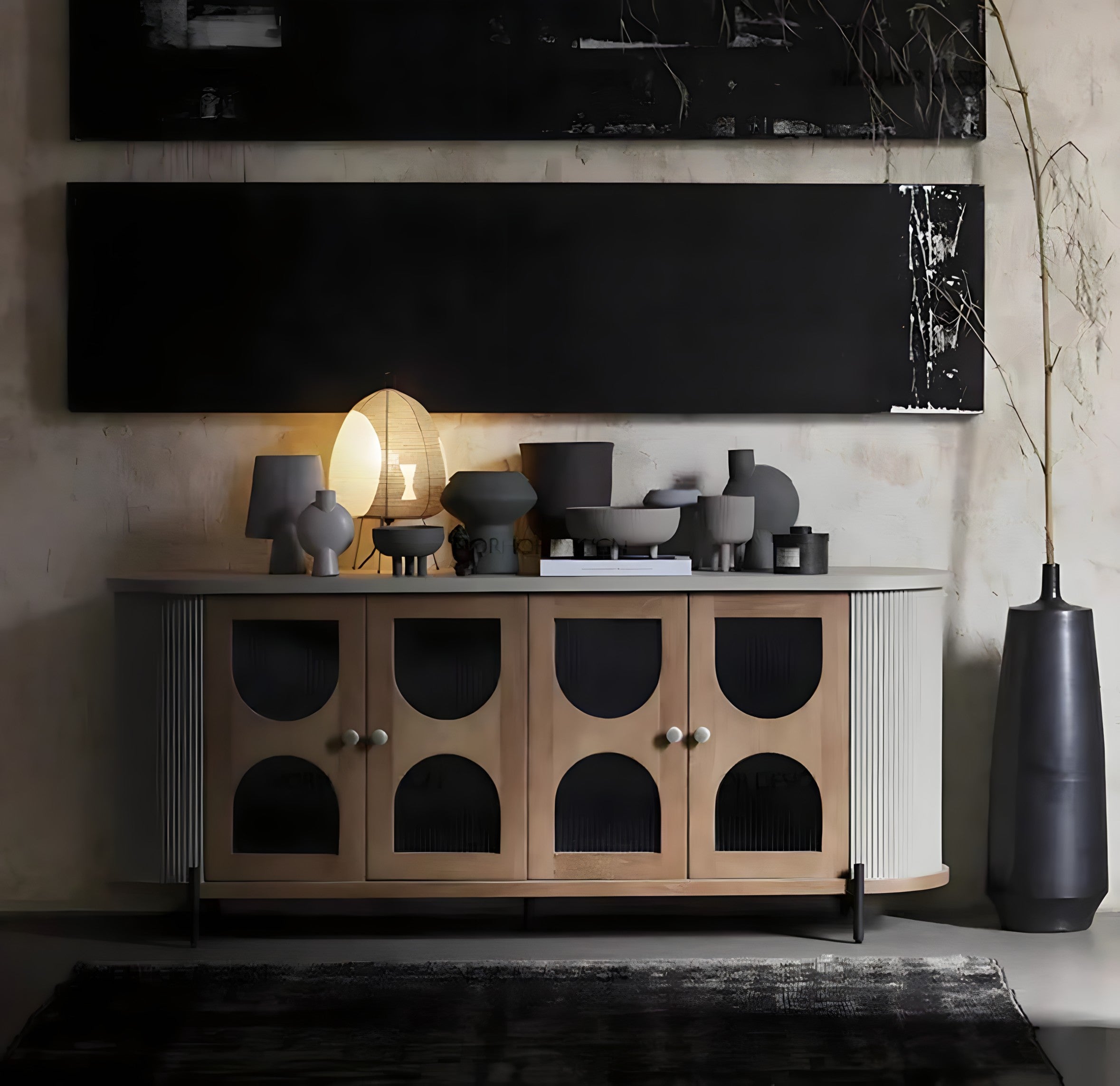 Modern wooden hokona cabinet with arched glass doors light wood finish and black interior panels