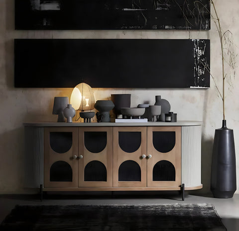 Modern wooden hokona cabinet with arched glass doors light wood finish and black interior panels