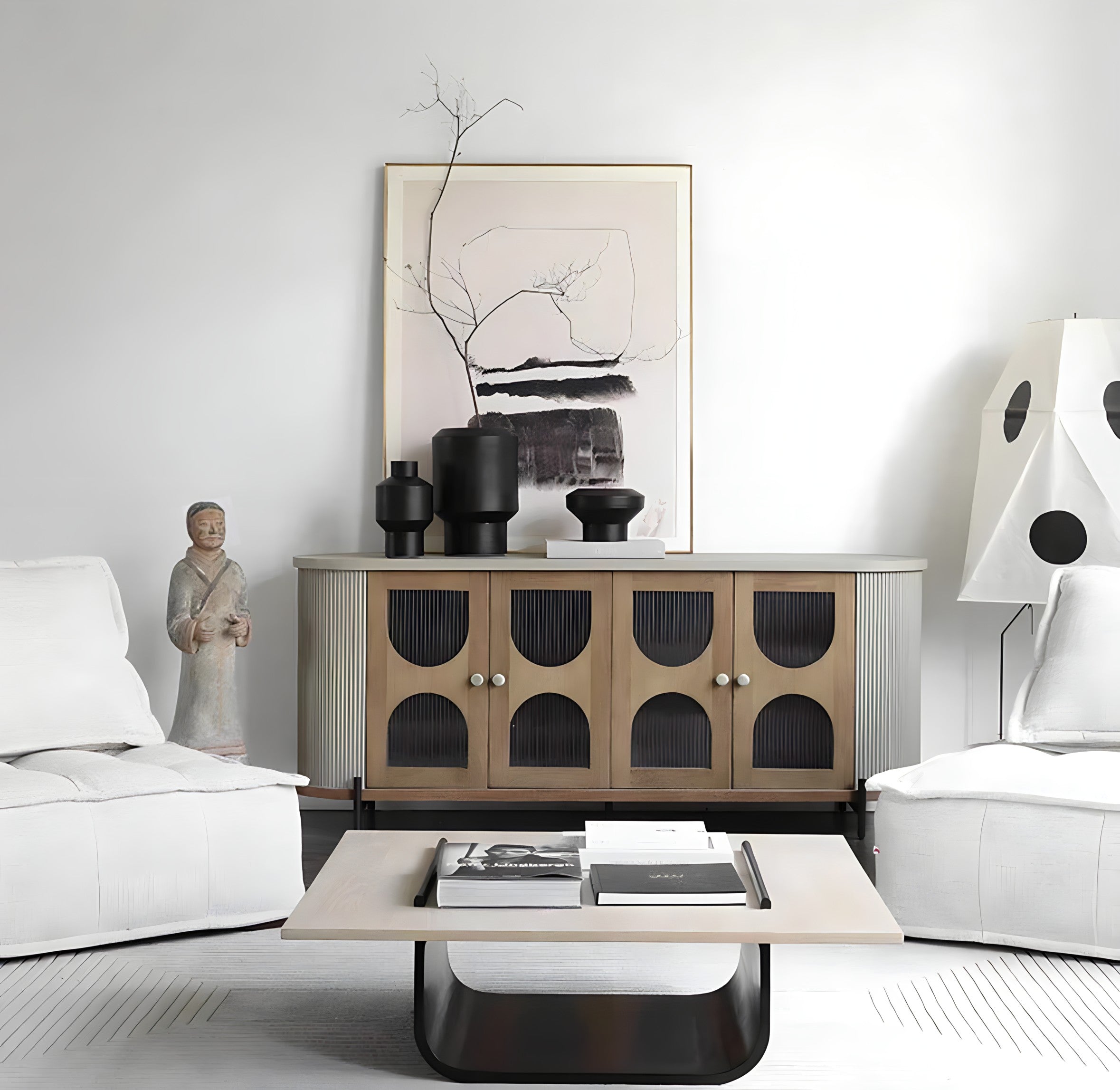 Modern wooden hokona cabinet with arched glass doors black vertical paneling and sleek metallic frame