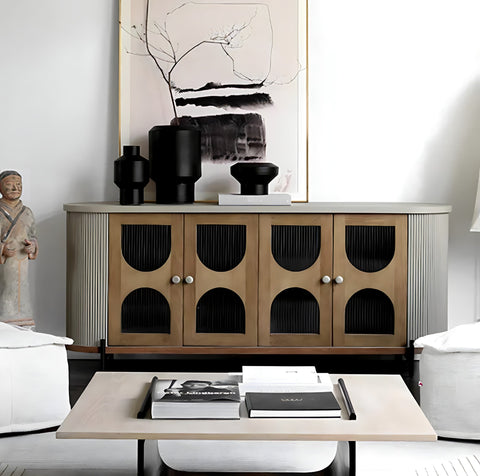 Modern wooden hokona cabinet with arched glass doors black vertical paneling and sleek gray top surface