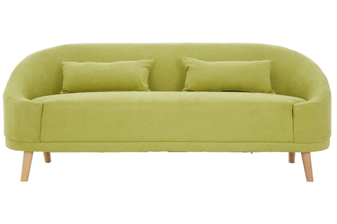 A modern curved holland green linen sofa with wooden legs and two matching cushions in lime green fabric
