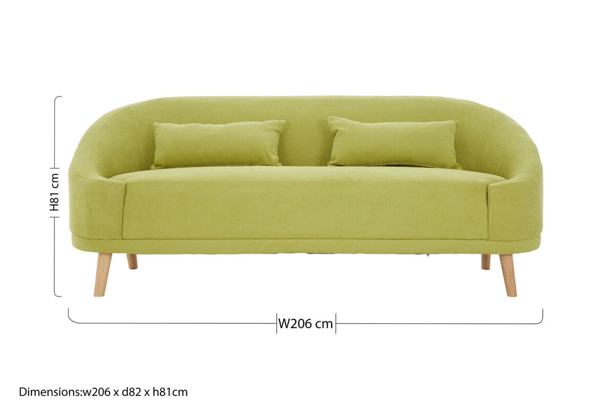 A modern curved holland green linen sofa with light wooden legs and two matching green linen cushions