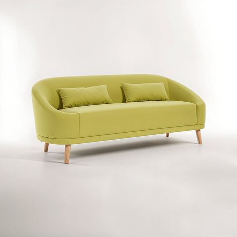 Modern holland green linen sofa with lime green upholstery wooden legs and two matching cushions