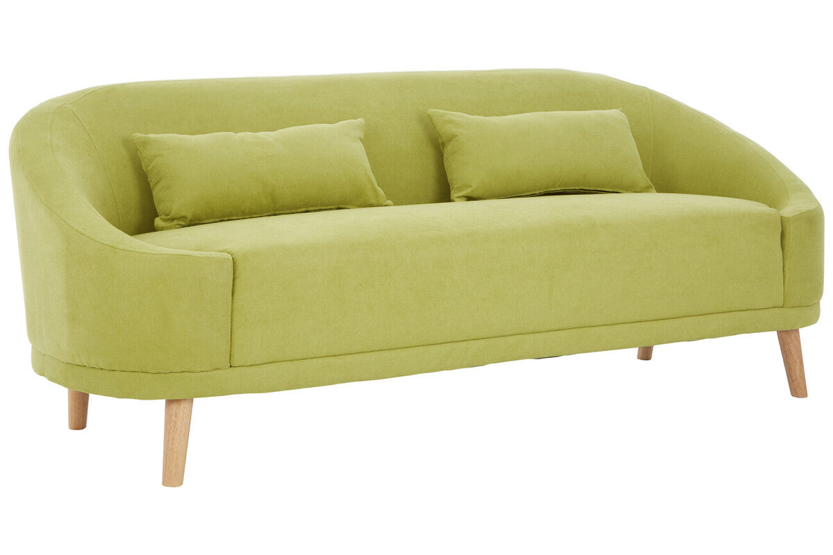 A holland green linen sofa featuring a modern lime green velvet design with curved armrests and light wood legs