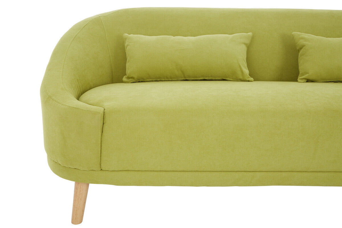 A modern holland green linen sofa with olive green velvet upholstery curved armrests and light wood legs