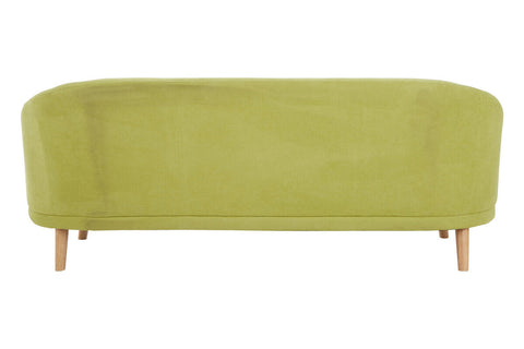 A sleek holland green linen sofa in lime green velvet with rounded edges and light wood legs