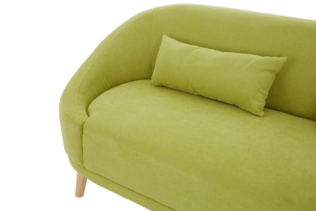 A soft holland green linen loveseat with rounded arms and light wooden legs perfect for cozy seating