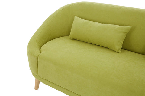 A soft holland green linen loveseat with rounded arms and light wooden legs perfect for cozy seating