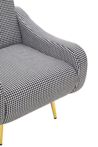 Holli black and white checked armchair with classic houndstooth pattern and stylish gold finish legs for any room