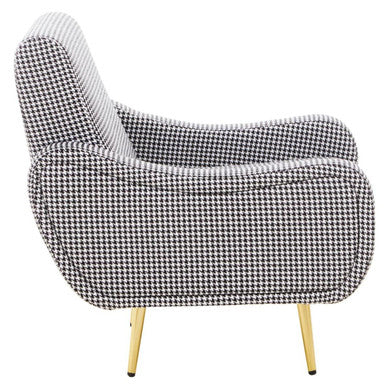 Holli black and white checked armchair with a sleek mid-century modern design and gold finish legs