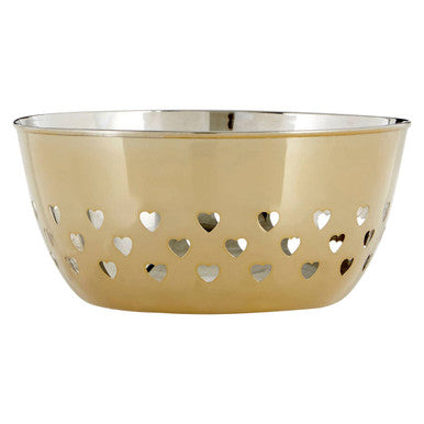 Gold-colored metal design gold bowl with heart-shaped cutouts in hollis hearts design gold style