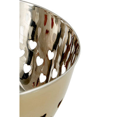 Silver metal colander with hearts design and polished surface from the hollis hearts design gold bowl collection