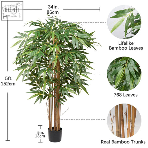 Hollyone 5ft artificial bamboo plant with lifelike green leaves and real wood trunks in black pot for living room fake trees