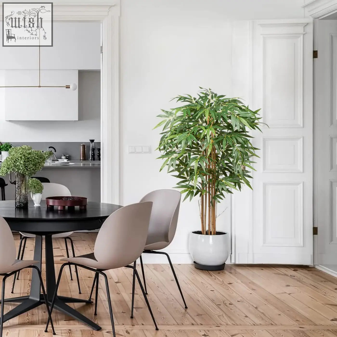 Tall hollyone artificial bamboo plant with real wood trunks in a sleek white pot for living room fake trees decor