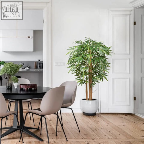 Tall hollyone artificial bamboo plant with real wood trunks in a sleek white pot for living room fake trees decor